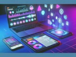 Futuristischer Schreibtisch mit Laptop für Podcast-Bearbeitung, digitalen Zeitschriften auf Tablets und Smartphones mit farbigen 3D-Overlays und holografischen Workflow-Diagrammen in tech-inspirierter Umgebung