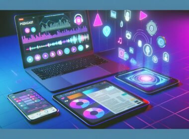 Futuristischer Schreibtisch mit Laptop für Podcast-Bearbeitung, digitalen Zeitschriften auf Tablets und Smartphones mit farbigen 3D-Overlays und holografischen Workflow-Diagrammen in tech-inspirierter Umgebung