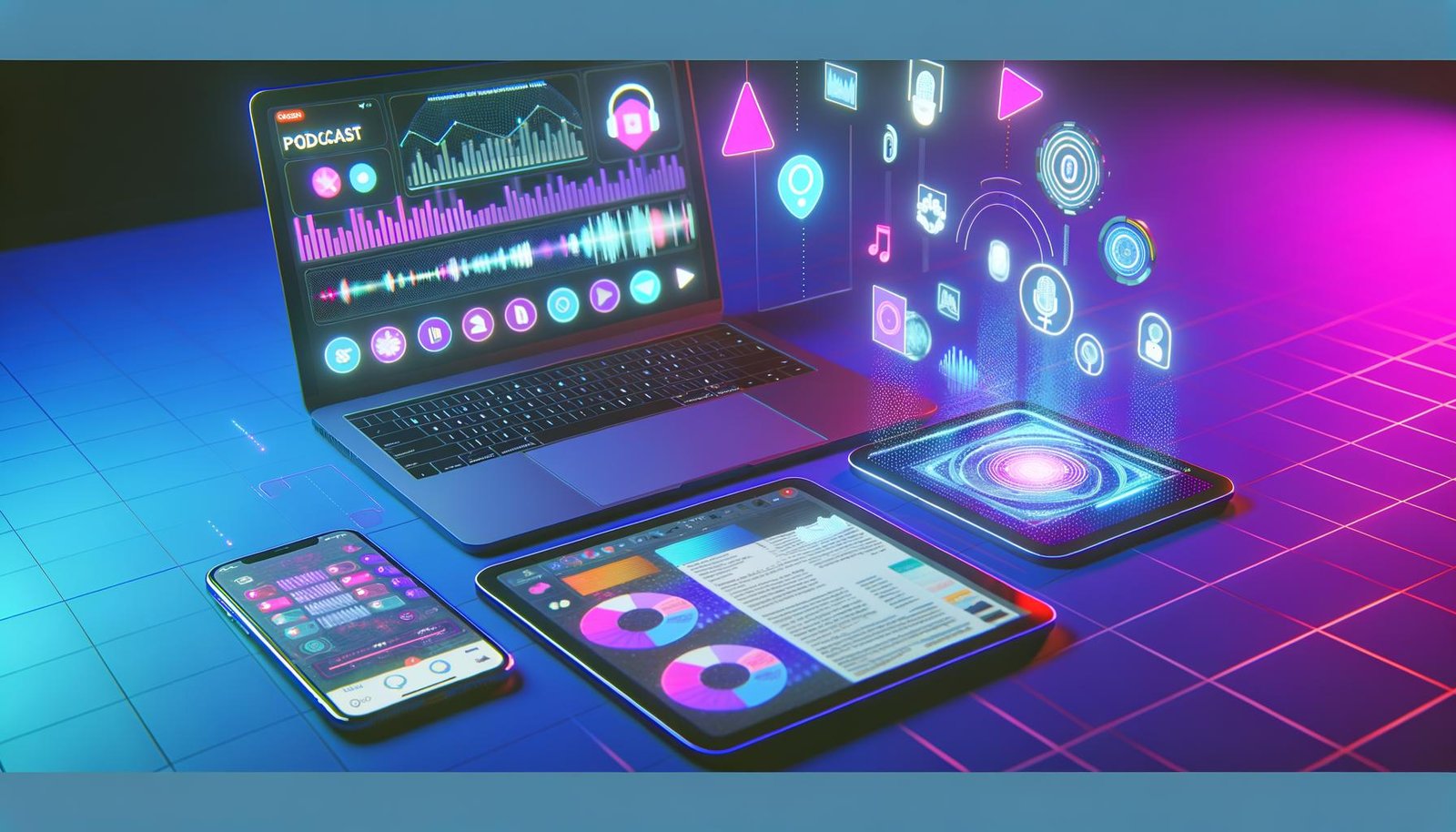 Futuristischer Schreibtisch mit Laptop für Podcast-Bearbeitung, digitalen Zeitschriften auf Tablets und Smartphones mit farbigen 3D-Overlays und holografischen Workflow-Diagrammen in tech-inspirierter Umgebung