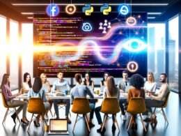 Modernes Büro mit jungem Marketing-Team, das vor einem Bildschirm mit Python-Code, Datencharts und Marketing-Icons sitzt. Im Vordergrund Laptop mit Python-Logo, Notizbuch und Kaffeetasse.