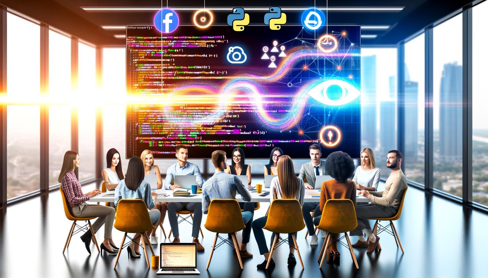 Modernes Büro mit jungem Marketing-Team, das vor einem Bildschirm mit Python-Code, Datencharts und Marketing-Icons sitzt. Im Vordergrund Laptop mit Python-Logo, Notizbuch und Kaffeetasse.