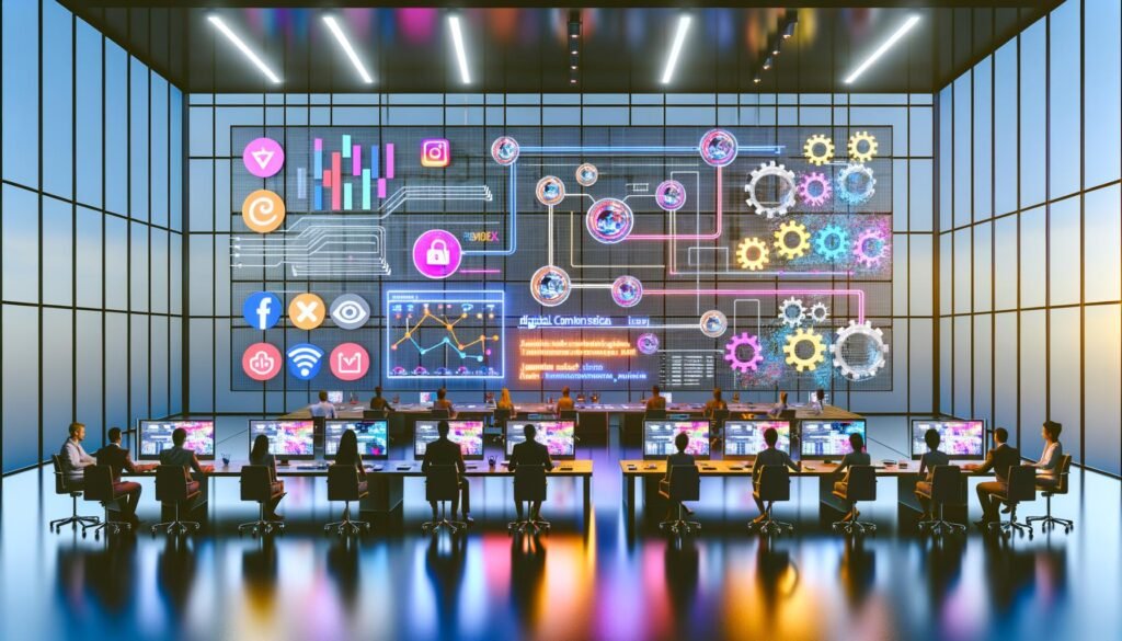 Team aus Digital Professionals arbeitet in stylischem, modernen Kontrollraum mit großen Bildschirmen, Live-Datenströmen und Social Media Icons vor Glaswänden und bunten Lichtreflexionen.