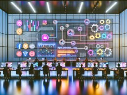 Team aus Digital Professionals arbeitet in stylischem, modernen Kontrollraum mit großen Bildschirmen, Live-Datenströmen und Social Media Icons vor Glaswänden und bunten Lichtreflexionen.