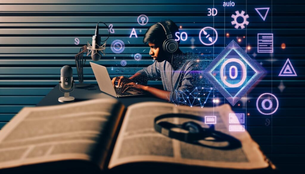 Junger Content Creator schneidet Podcast mit Laptop und Mikrofon, im Hintergrund holographische AR-Projektion über Magazin; visuelle Darstellungen zu Podcast-Tools, AR-Overlays, Workflow, SEO und Technik, alles modern inszeniert.