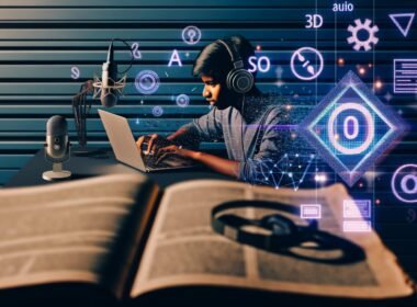 Junger Content Creator schneidet Podcast mit Laptop und Mikrofon, im Hintergrund holographische AR-Projektion über Magazin; visuelle Darstellungen zu Podcast-Tools, AR-Overlays, Workflow, SEO und Technik, alles modern inszeniert.