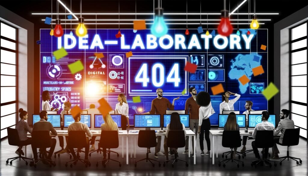 Junge Marketing-Expertinnen und Experten analysieren Daten an Laptops und großen Bildschirmen in einem modernen, technikbasierten Ideen-Labor mit Neon- und Blaufarben.