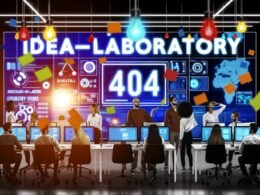 Junge Marketing-Expertinnen und Experten analysieren Daten an Laptops und großen Bildschirmen in einem modernen, technikbasierten Ideen-Labor mit Neon- und Blaufarben.