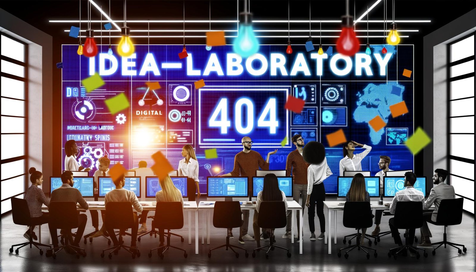 Junge Marketing-Expertinnen und Experten analysieren Daten an Laptops und großen Bildschirmen in einem modernen, technikbasierten Ideen-Labor mit Neon- und Blaufarben.