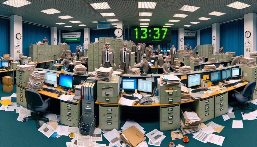 Überfülltes, vernachlässigtes Großraumbüro einer deutschen Behörde mit alten PCs, Papierstapeln, ratlosen Mitarbeitern und Bannern mit Tech-Begriffen.