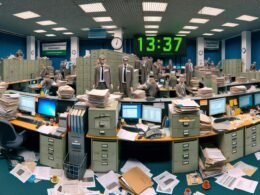 Überfülltes, vernachlässigtes Großraumbüro einer deutschen Behörde mit alten PCs, Papierstapeln, ratlosen Mitarbeitern und Bannern mit Tech-Begriffen.