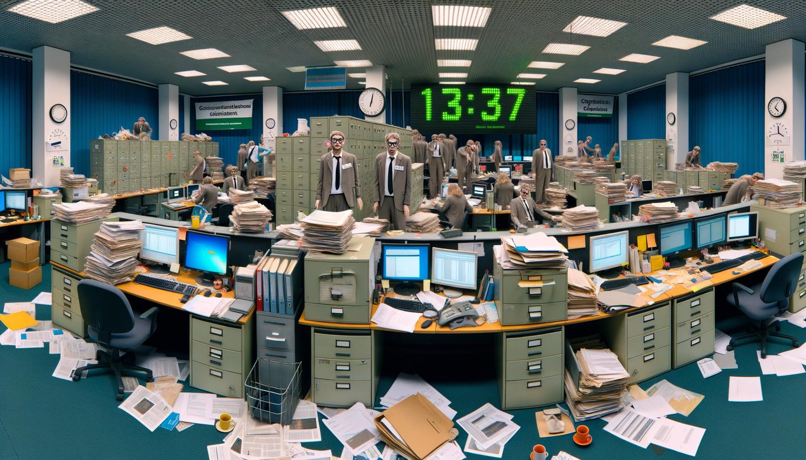 Überfülltes, vernachlässigtes Großraumbüro einer deutschen Behörde mit alten PCs, Papierstapeln, ratlosen Mitarbeitern und Bannern mit Tech-Begriffen.
