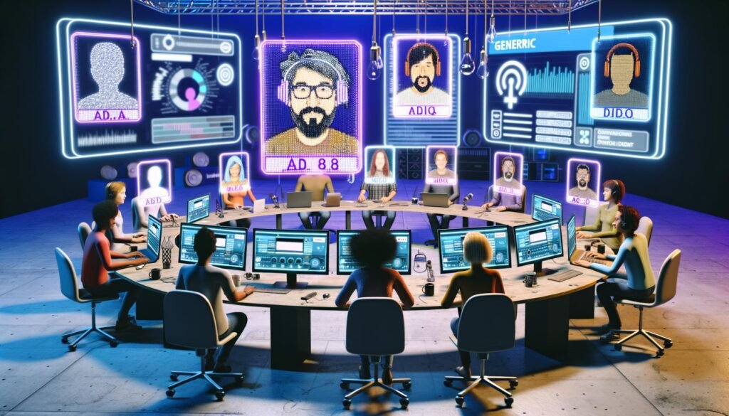 Modernes Podcast-Studio mit diverser Runde, digitalen Hologramm-Ausweisen, Analytics-Bildschirmen und futuristischem Ambiente