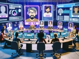 Modernes Podcast-Studio mit diverser Runde, digitalen Hologramm-Ausweisen, Analytics-Bildschirmen und futuristischem Ambiente