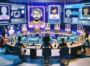 Modernes Podcast-Studio mit diverser Runde, digitalen Hologramm-Ausweisen, Analytics-Bildschirmen und futuristischem Ambiente