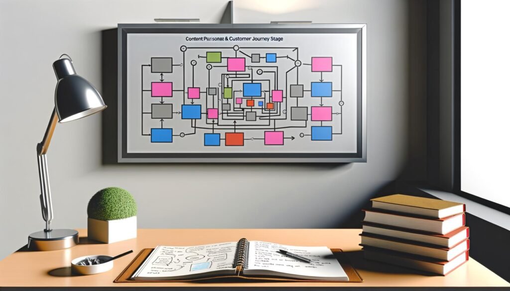 Moderner Arbeitsplatz mit digitaler Leinwand, die eine komplexe Matrix zur Verknüpfung von Content-Ideen, Buyer Personas und Customer Journey Phasen zeigt. Notizbücher mit handschriftlichen Skizzen liegen auf dem Schreibtisch.