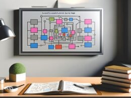 Moderner Arbeitsplatz mit digitaler Leinwand, die eine komplexe Matrix zur Verknüpfung von Content-Ideen, Buyer Personas und Customer Journey Phasen zeigt. Notizbücher mit handschriftlichen Skizzen liegen auf dem Schreibtisch.