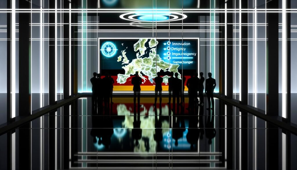 Beamte in einem modernen Konferenzraum analysieren eine digitale Karte von Deutschland mit cyberbezogenen Grafiken, während Präsentationsfolien Innovation, Souveränität und Gamechanger betonen.
