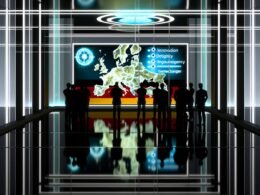 Beamte in einem modernen Konferenzraum analysieren eine digitale Karte von Deutschland mit cyberbezogenen Grafiken, während Präsentationsfolien Innovation, Souveränität und Gamechanger betonen.