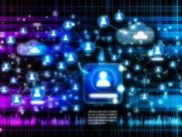 Modernes, dynamisches Titelbild mit digitalem Netzwerk, leuchtenden Knoten, individuellen Avataren, Mikrofon-Icons und Hightech-Farbpalette, inspiriert vom Podcast Tools Creator ID System Konzept.