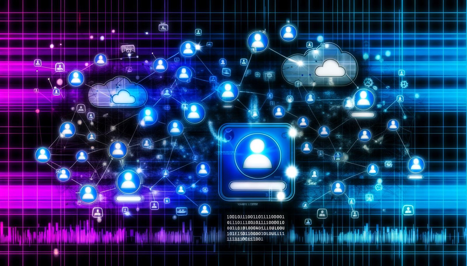 Modernes, dynamisches Titelbild mit digitalem Netzwerk, leuchtenden Knoten, individuellen Avataren, Mikrofon-Icons und Hightech-Farbpalette, inspiriert vom Podcast Tools Creator ID System Konzept.