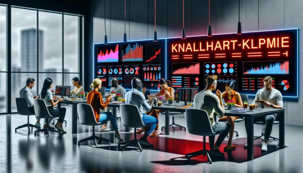 Modernes Büro mit diversen Marketern, die auf große, farbenfrohe KPI-Dashboards blicken. Neon-Schild zeigt „KNALLHARTE KPI-REALITÄT“, Marketingmaterialien und Kaffeebecher liegen auf dem Tisch.
