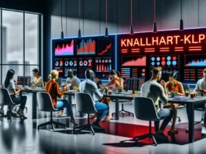 Modernes Büro mit diversen Marketern, die auf große, farbenfrohe KPI-Dashboards blicken. Neon-Schild zeigt „KNALLHARTE KPI-REALITÄT“, Marketingmaterialien und Kaffeebecher liegen auf dem Tisch.