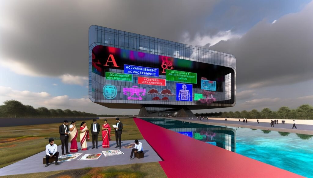 Modernes Regierungsgebäude mit digitaler Werbefassade, rotem Teppich auf marodem Untergrund, posierenden Beamten und verstaubten Technologien im Hintergrund.