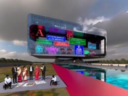 Modernes Regierungsgebäude mit digitaler Werbefassade, rotem Teppich auf marodem Untergrund, posierenden Beamten und verstaubten Technologien im Hintergrund.