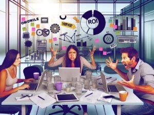 Drei gestikulierende Marketing-Profis verschiedener Altersgruppen diskutieren vor einem Laptop an einem großen, hellen Tisch mit Laptops, Notizblöcken, leeren Kaffeetassen und ausgedruckten Kampagnenzahlen, im Hintergrund eine Glaswand mit Post-its und großem ROI-Zeichen.