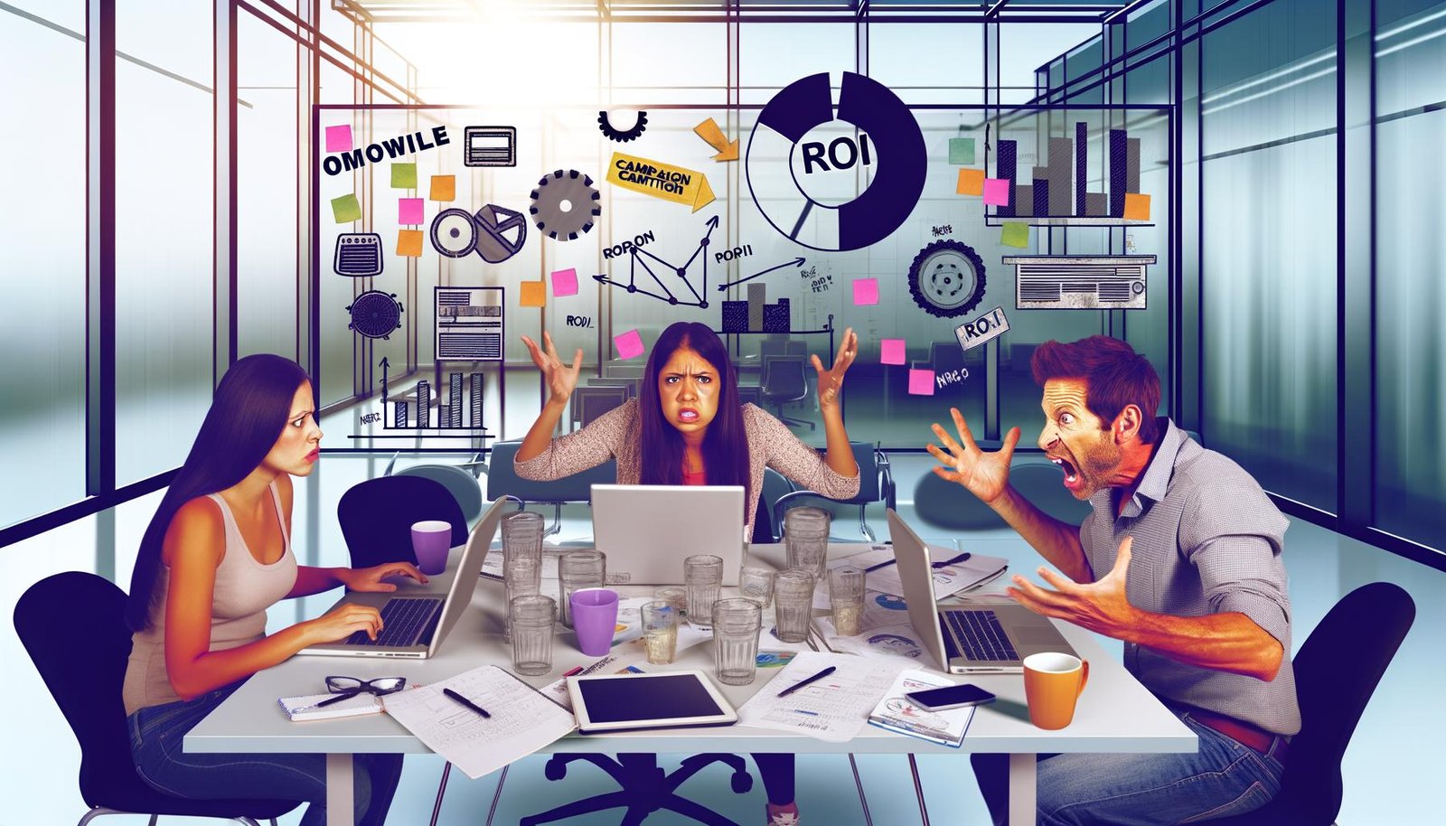 Drei gestikulierende Marketing-Profis verschiedener Altersgruppen diskutieren vor einem Laptop an einem großen, hellen Tisch mit Laptops, Notizblöcken, leeren Kaffeetassen und ausgedruckten Kampagnenzahlen, im Hintergrund eine Glaswand mit Post-its und großem ROI-Zeichen.