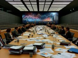 Ernüchternde Besprechung in einem deutschen Behördenbüro mit Anzugträgern, Akten, Kaffeetassen und bunten, bedeutungslosen Diagrammen auf Bildschirmen im Hintergrund