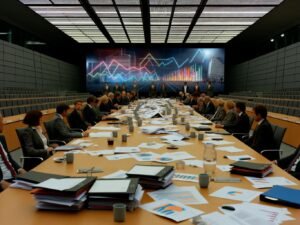 Ernüchternde Besprechung in einem deutschen Behördenbüro mit Anzugträgern, Akten, Kaffeetassen und bunten, bedeutungslosen Diagrammen auf Bildschirmen im Hintergrund