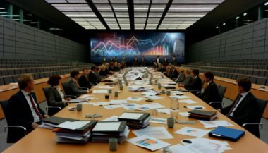 Ernüchternde Besprechung in einem deutschen Behördenbüro mit Anzugträgern, Akten, Kaffeetassen und bunten, bedeutungslosen Diagrammen auf Bildschirmen im Hintergrund