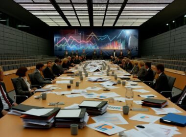 Ernüchternde Besprechung in einem deutschen Behördenbüro mit Anzugträgern, Akten, Kaffeetassen und bunten, bedeutungslosen Diagrammen auf Bildschirmen im Hintergrund