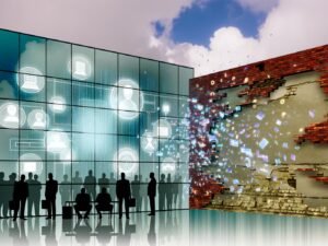 Glänzende Glasfassade mit reflektierenden Fenstern, Silhouetten von Geschäftsleuten, schwebenden PowerPoint-Folien mit Schlagworten wie Innovation und Cyber Defense sowie bröckelnden Backsteinmauern und digitalem Regen