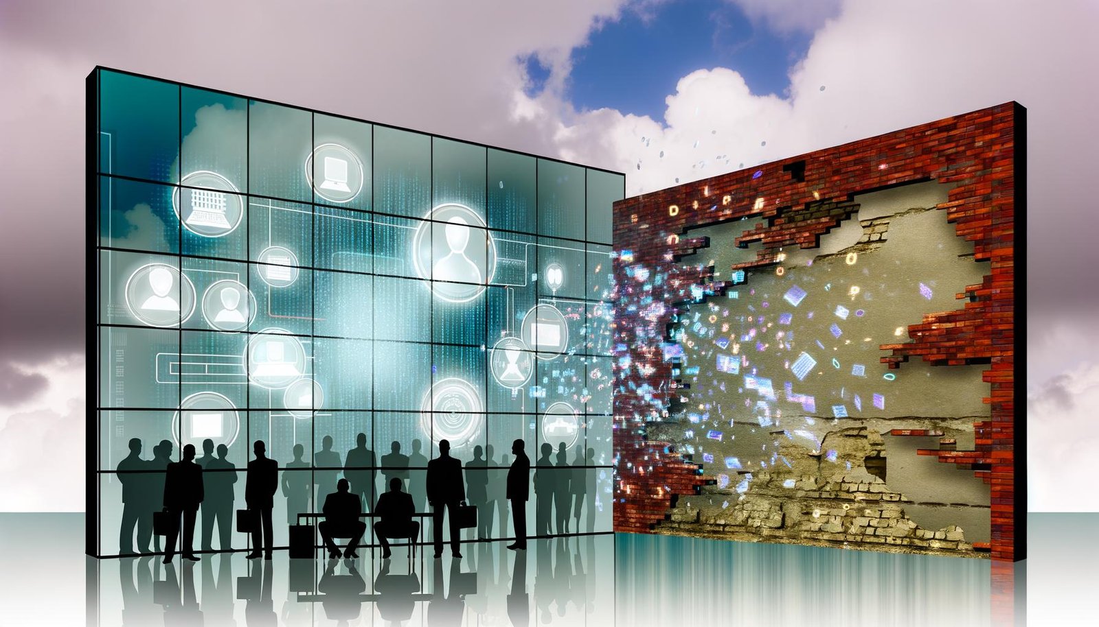 Glänzende Glasfassade mit reflektierenden Fenstern, Silhouetten von Geschäftsleuten, schwebenden PowerPoint-Folien mit Schlagworten wie Innovation und Cyber Defense sowie bröckelnden Backsteinmauern und digitalem Regen