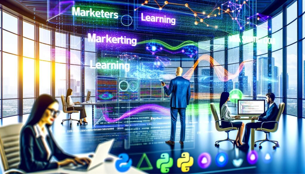 Futuristisches Büro mit Marketers, die bunte Datenvisualisierungen, maschinelles Lernen und Python-Code auf großen Bildschirmen betrachten. Digitale Datenströme vernetzen sich im Raum.