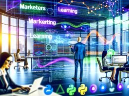 Futuristisches Büro mit Marketers, die bunte Datenvisualisierungen, maschinelles Lernen und Python-Code auf großen Bildschirmen betrachten. Digitale Datenströme vernetzen sich im Raum.