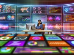 Junge Marketing-Expertin in einem hochmodernen Kontrollraum voller Dashboards, Monitoren mit Datenvisualisierungen, Python-Code und Machine-Learning-Diagrammen, umgeben von digitalen Grafiken in dynamischer Tech-Start-up-Umgebung.