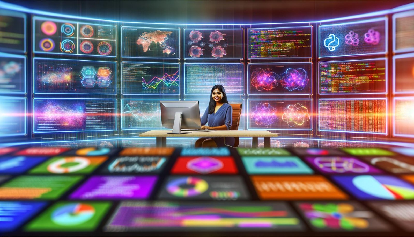 Junge Marketing-Expertin in einem hochmodernen Kontrollraum voller Dashboards, Monitoren mit Datenvisualisierungen, Python-Code und Machine-Learning-Diagrammen, umgeben von digitalen Grafiken in dynamischer Tech-Start-up-Umgebung.