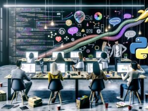 Offenes, modernes Büro mit jungen Marketers und Entwicklern, die gemeinsam an Laptops mit Python-Code, Datenvisualisierungen und Social Media Dashboards arbeiten; ein schwebender Python-Luftballon, Notizbücher, leere Kaffeetassen und Post-Its sorgen für eine kreative Arbeitsatmosphäre. Im Hintergrund ein gespanntes Diagramm auf einer Glasscheibe.