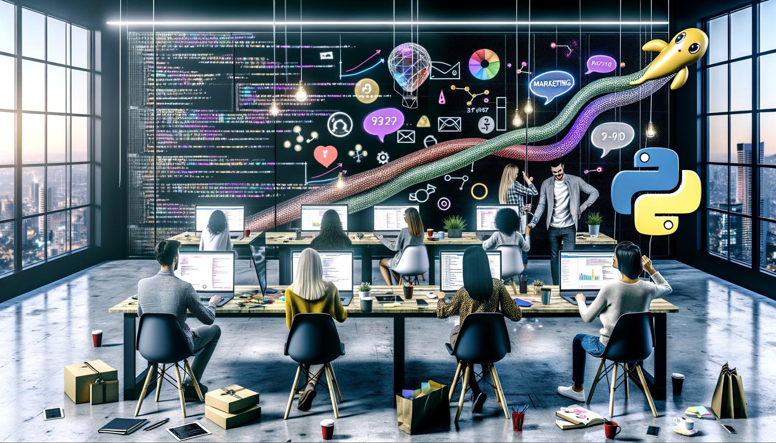 Offenes, modernes Büro mit jungen Marketers und Entwicklern, die gemeinsam an Laptops mit Python-Code, Datenvisualisierungen und Social Media Dashboards arbeiten; ein schwebender Python-Luftballon, Notizbücher, leere Kaffeetassen und Post-Its sorgen für eine kreative Arbeitsatmosphäre. Im Hintergrund ein gespanntes Diagramm auf einer Glasscheibe.