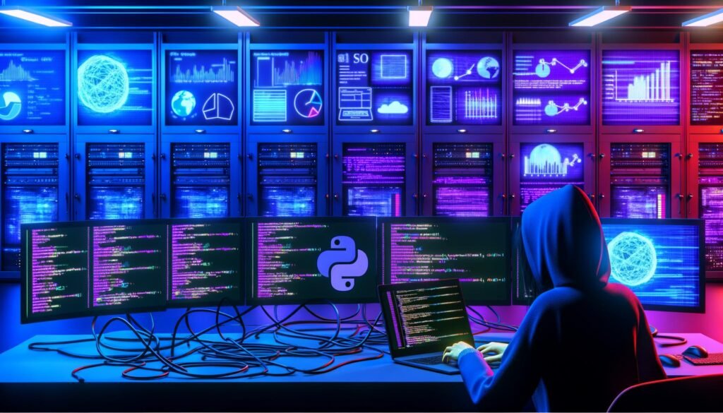 Futuristischer Kontrollraum mit entwickelndem Programmierer, leuchtenden Datenmonitoren, Python-Code und SEO-Diagrammen.