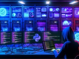 Futuristischer Kontrollraum mit entwickelndem Programmierer, leuchtenden Datenmonitoren, Python-Code und SEO-Diagrammen.