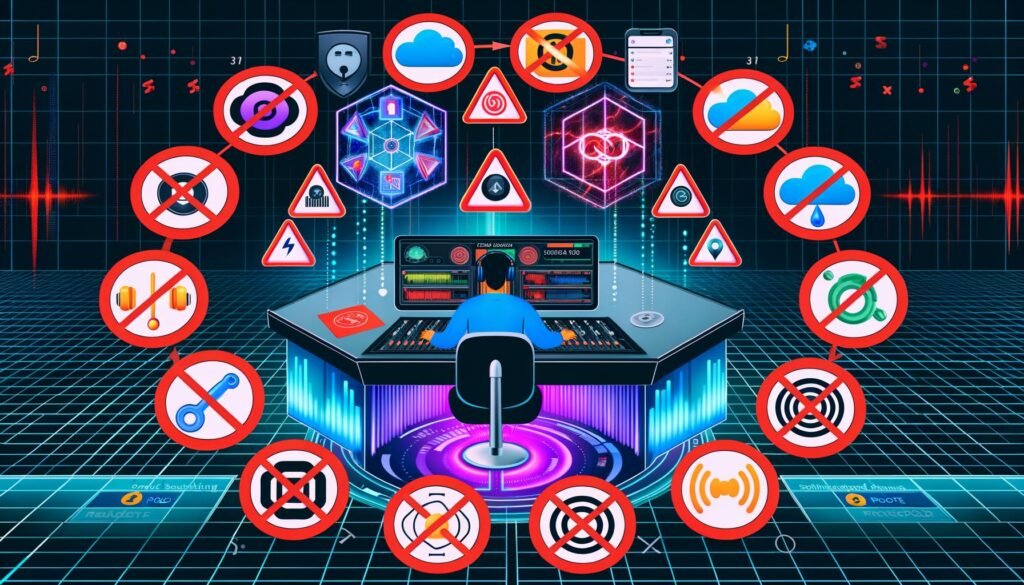 Modern illustriertes Titelbild: Podcaster am futuristischen Mischpult, umgeben von Open-Source-, Server-, Cloud- und RSS-Symbolen, zentrale Plattform-Logos durch rote Sperrzeichen blockiert, zahlreiche bunte Tool-Icons miteinander vernetzt.