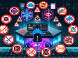 Modern illustriertes Titelbild: Podcaster am futuristischen Mischpult, umgeben von Open-Source-, Server-, Cloud- und RSS-Symbolen, zentrale Plattform-Logos durch rote Sperrzeichen blockiert, zahlreiche bunte Tool-Icons miteinander vernetzt.