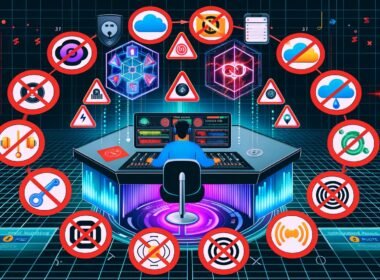 Modern illustriertes Titelbild: Podcaster am futuristischen Mischpult, umgeben von Open-Source-, Server-, Cloud- und RSS-Symbolen, zentrale Plattform-Logos durch rote Sperrzeichen blockiert, zahlreiche bunte Tool-Icons miteinander vernetzt.