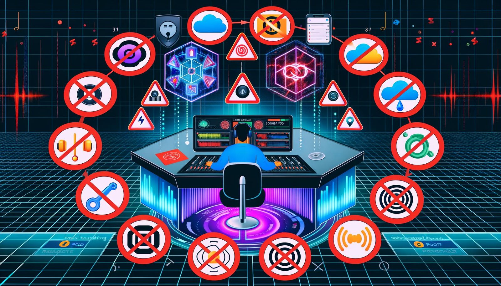 Modern illustriertes Titelbild: Podcaster am futuristischen Mischpult, umgeben von Open-Source-, Server-, Cloud- und RSS-Symbolen, zentrale Plattform-Logos durch rote Sperrzeichen blockiert, zahlreiche bunte Tool-Icons miteinander vernetzt.