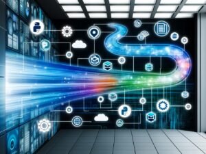 Modernes Büro mit digitaler Daten-Pipeline, Hologrammen, Python-Code und Automatisierung in kühlem Blau-Weiß-Neon-Design.