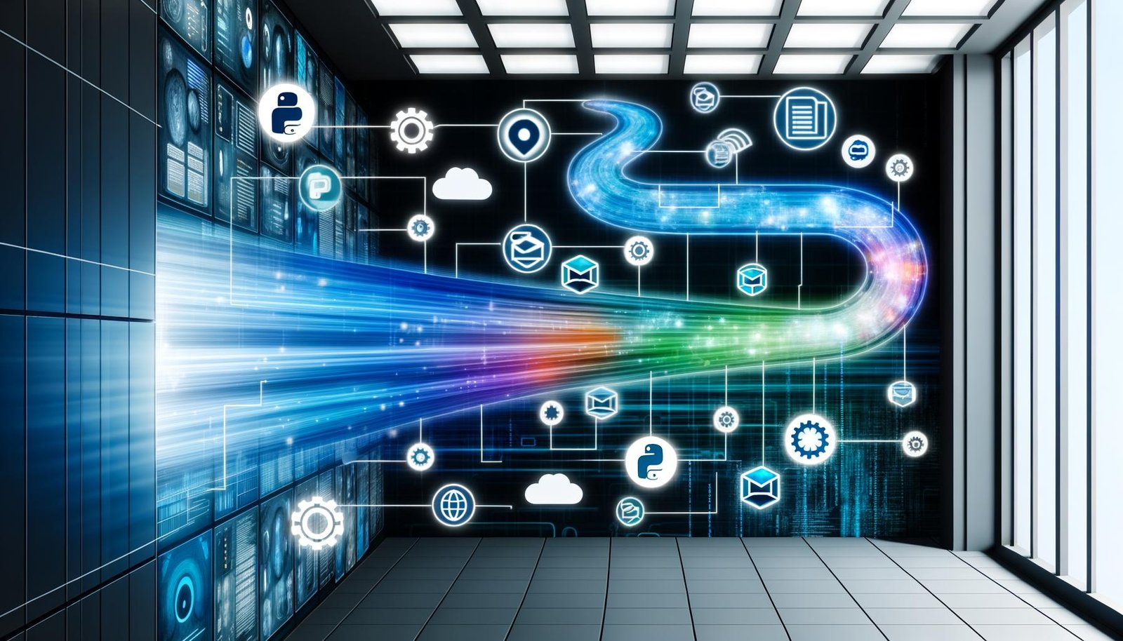 Modernes Büro mit digitaler Daten-Pipeline, Hologrammen, Python-Code und Automatisierung in kühlem Blau-Weiß-Neon-Design.